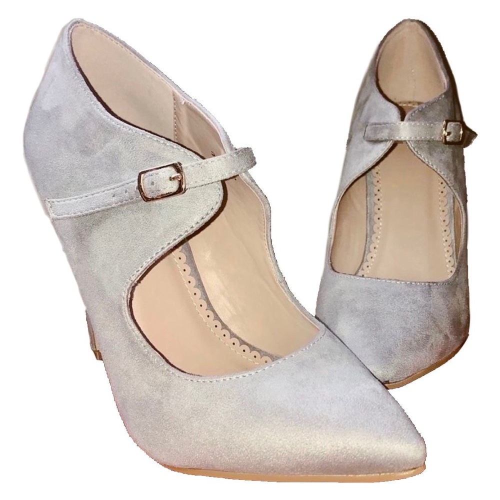 Journee Collection Light Gray Suede Mary Jane Pointed Heels